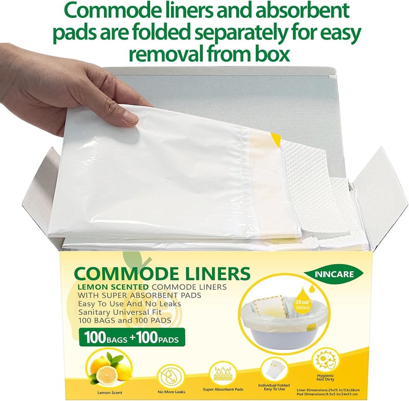 ININCARE Commode Liners with Absorbent Pads for Bedside Commode, 100 Lemon Scented Bedside Commode Liners and 100 Commode Pads, Commode Toilet ＆ Camping Toilet Bags - Image 4